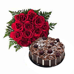 Dozen Roses with Blackforest Cake : Flowers with Cake Dubai