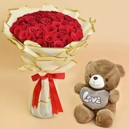 50 Valentine Roses Bouquet And Teddy