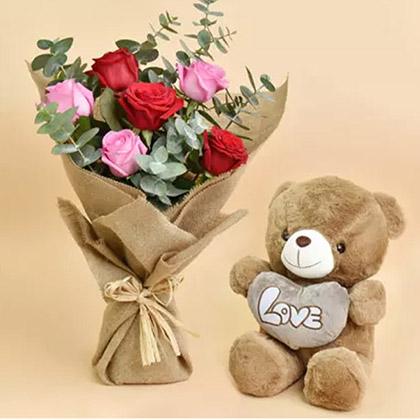 3 Pink 3 Red Roses Valentines Bouquet And Teddy