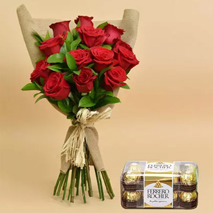 Valentines 12 Roses Bouquet And Chocolates