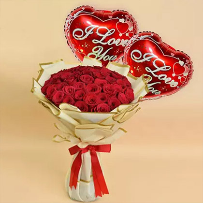 50 Valentine Roses Bouquet And Balloons