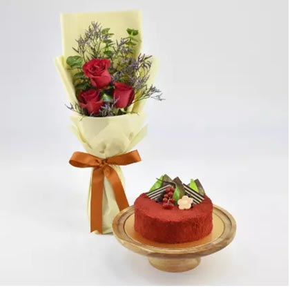 Red Velvet Cake and Bunch of 3 Red Roses